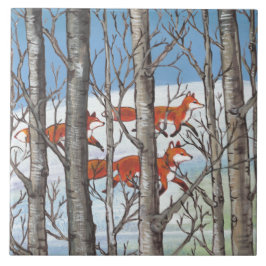 Azulejo Woodland Red Fox Forest Scene Spring Snow Blue Sky