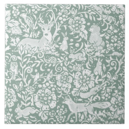 Azulejo Woodland Sage Green Forest Animals Deer Fox Rabbit