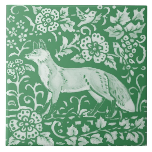 Azulejo Woodland verde esmeralda Cute Fox Intricate Floral (Frente)