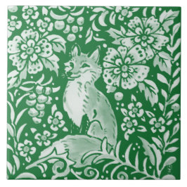 Azulejo Woodland verde esmeralda Cute Fox Intricate Floral
