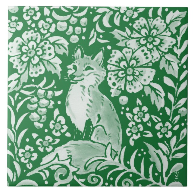 Azulejo Woodland verde esmeralda Cute Fox Intricate Floral (Frente)
