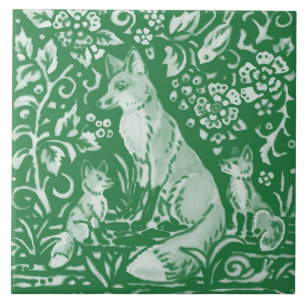 Azulejo Woodland verde esmeralda Cute Fox Intricate Floral