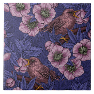 Azulejo Wren y hellebore, violeta y rosa