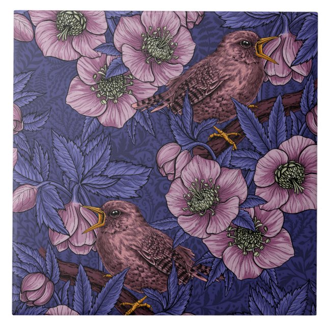 Azulejo Wren y hellebore, violeta y rosa (Frente)