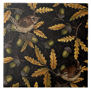 Azulejo Wrens y bellotas sobre negro