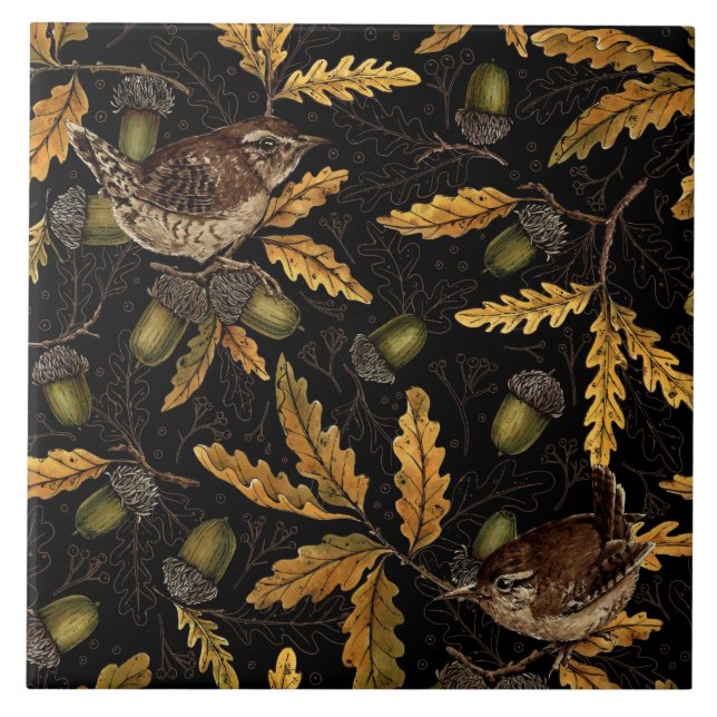 Azulejo Wrens y bellotas sobre negro (Frente)