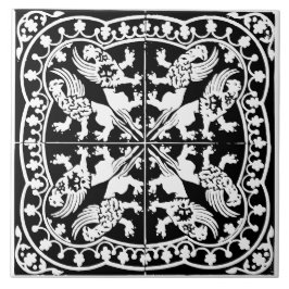 Azulejo Wyvern Griffin Beast Medieval Black White Antique