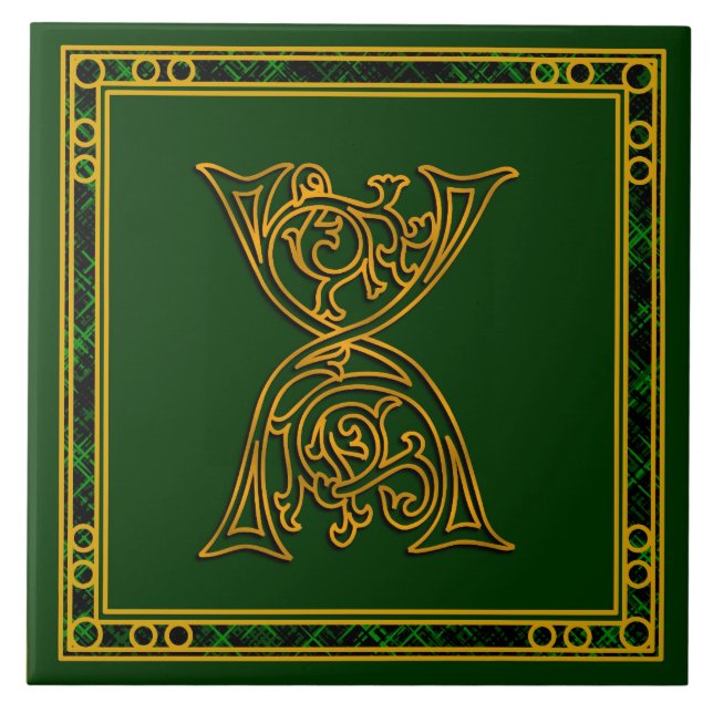 Azulejo X Monograma "Oro irlandés en verde" Tile cerámico (Frente)
