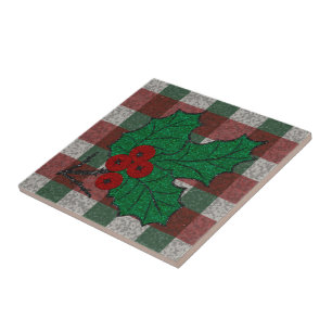 Azulejo Xmas Gingham de los años 1940 de 4,25" x 4,25"