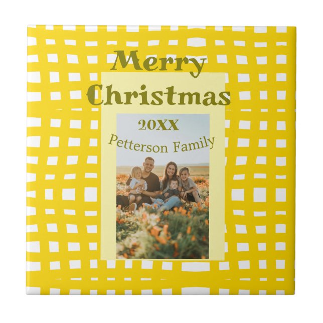 Azulejo Yellow white plaid retro Christmas holiday family  (Frente)