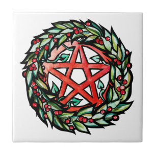 Azulejo Yule Wreath Pentacle Pagan