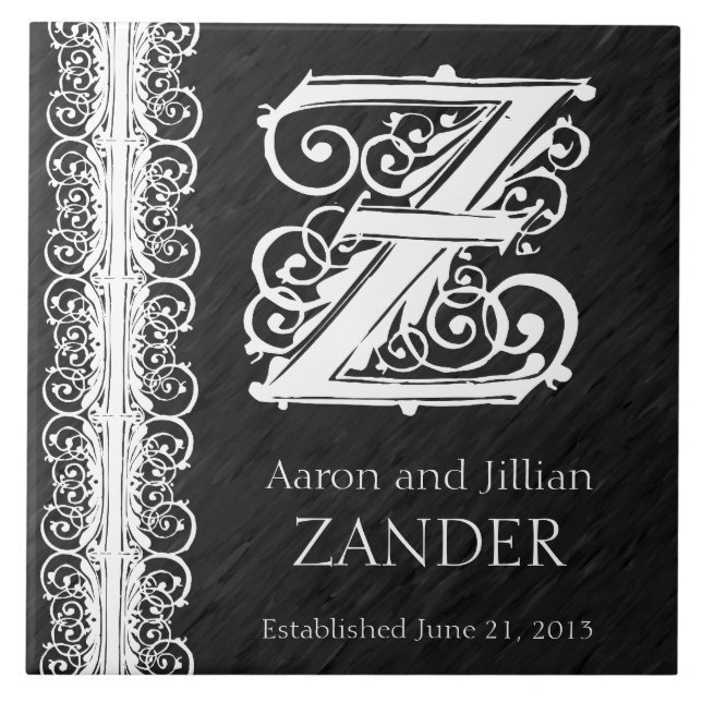 Azulejo Z Monograma "Lazo blanco sobre negro" Boda Tile (Frente)