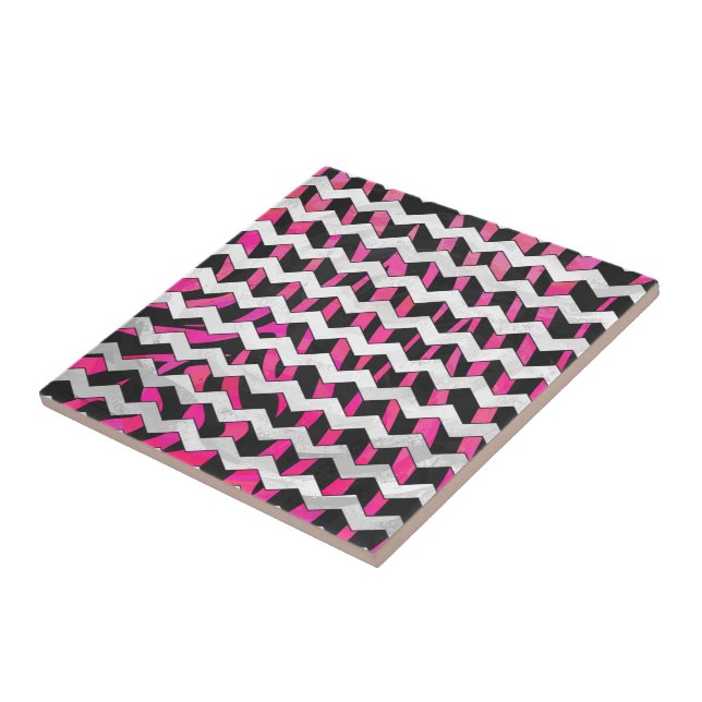 Azulejo Zebra Chevron negro y rosa caliente (Lado)