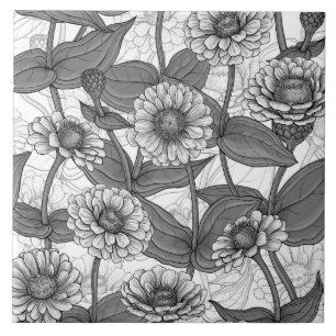 Azulejo Zinnias, monocromo en blanco