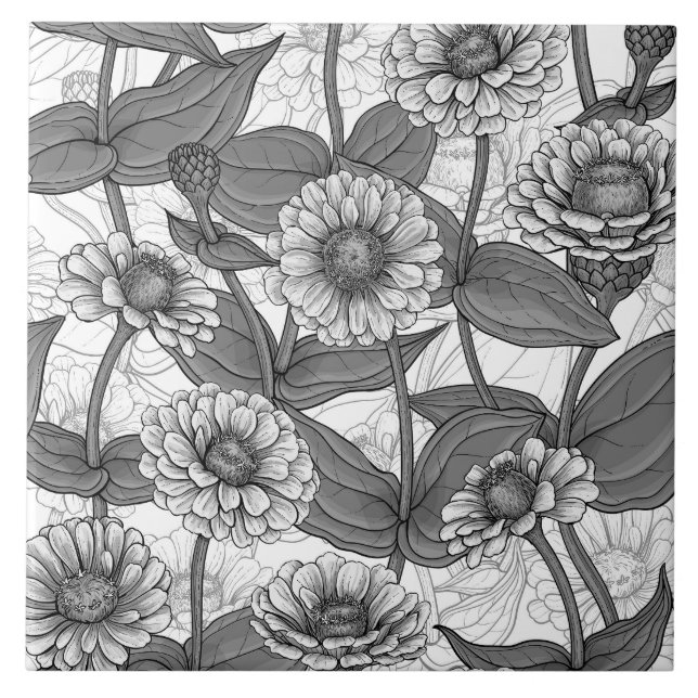 Azulejo Zinnias, monocromo en blanco (Frente)