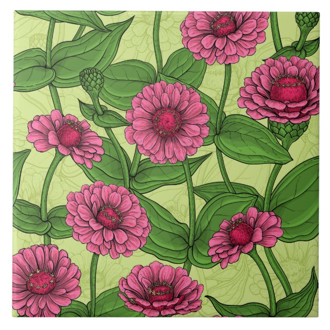 Azulejo Zinnias rosas sobre verde claro (Frente)