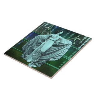 Azulejo Zohara: Mujer del art déco en aguamarina y verde