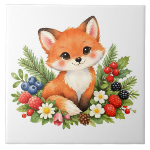 Azulejo Zorrito bebé acuarela con bayas y flores