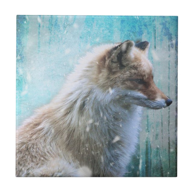 Azulejo Zorro de Furry Cute en fondo azul grunge (Frente)