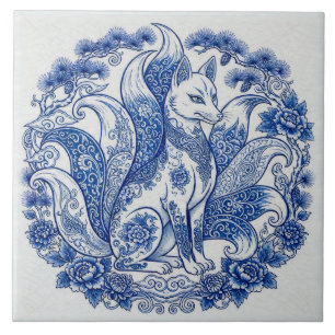 Azulejo Zorro de nueve colas Kitsune Imari Estilo Azul Bla