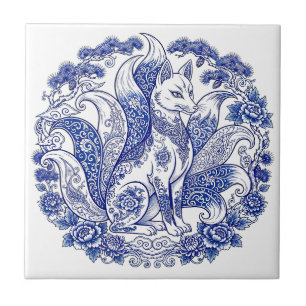 Azulejo Zorro de nueve colas Kitsune Imari estilo azul bla