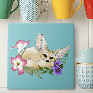 Azulejo Zorro Fennec Flores Rosadas Purpura Lindas Botánic