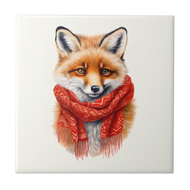 Azulejo Zorro lindo con una bufanda roja Imagen de otoño (Frente)