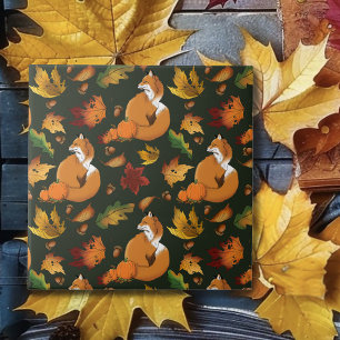 Azulejo Zorro Rojo Hojas de Otoño Bellotas Patrón Verde