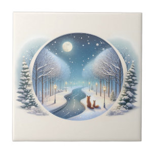 Azulejo Zorros de invierno junto al río nevado bajo la luz