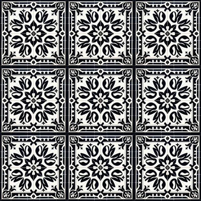 Azulejos Antiguos, Negro y Blanco, Patrón de Baldo (Tile pattern, 3 x 3 tiles with black grout)