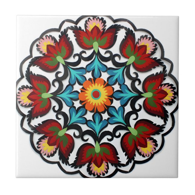 azulejos azules de estilo antiguo flor roja (Frente)