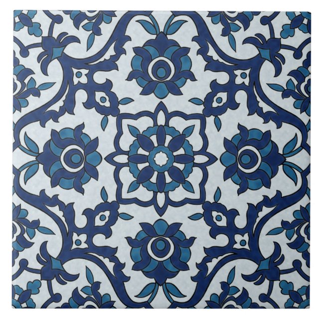Azulejos azules portugueses, patrón de mosaico flo (Frente)