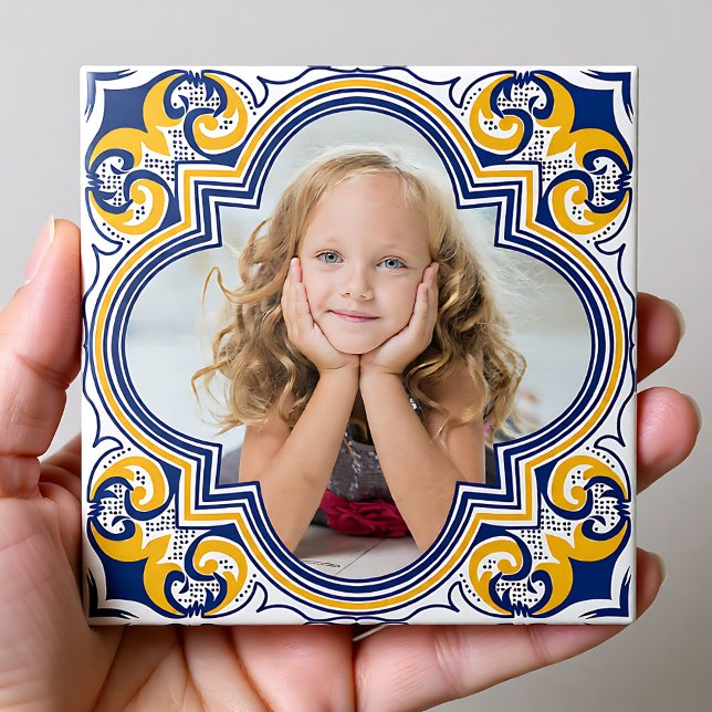 Azulejos azules y amarillos, foto personalizado (Cute blue and yellow Azulejos, custom photo Ceramic Tile)