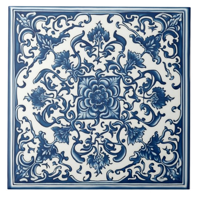 Azulejos azules y blancos clásicos, florales, arte (Frente)