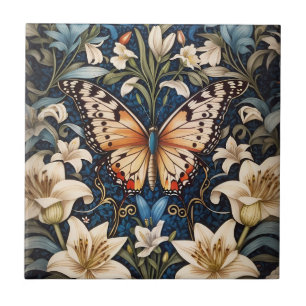 Azulejos cerámicos botánicos de mariposa y lirios