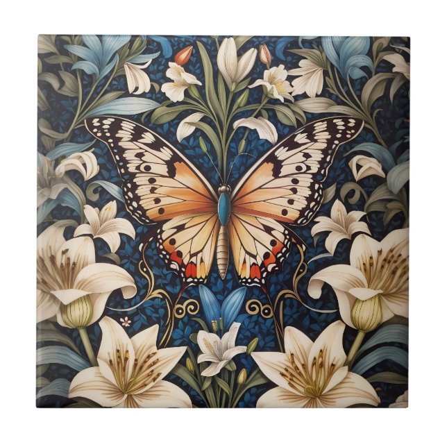 Azulejos cerámicos botánicos de mariposa y lirios (Frente)