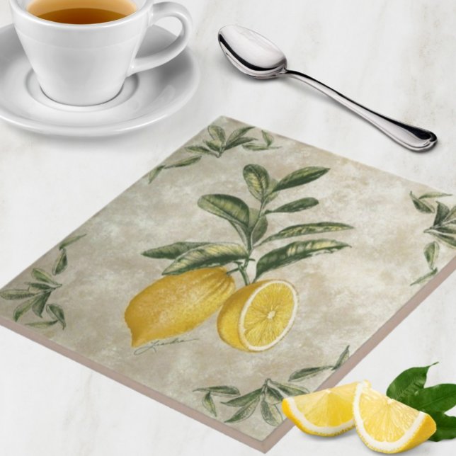 Azulejos cerámicos con lemas vintage (Vintage European Lemons Stone Texture Neutral Kitchen Tile or Trivet use)
