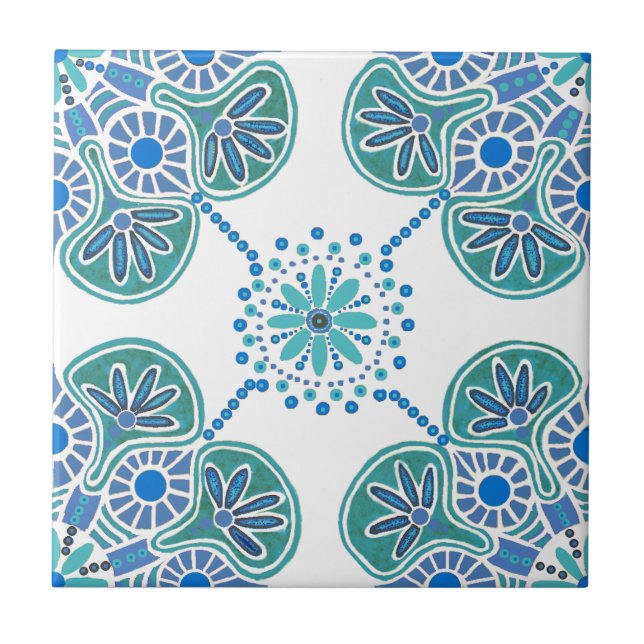 Azulejos cerámicos con un patrón azul y verde (Frente)