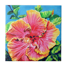 Azulejos cerámicos de Hawai rosa y amarillo Hibisc