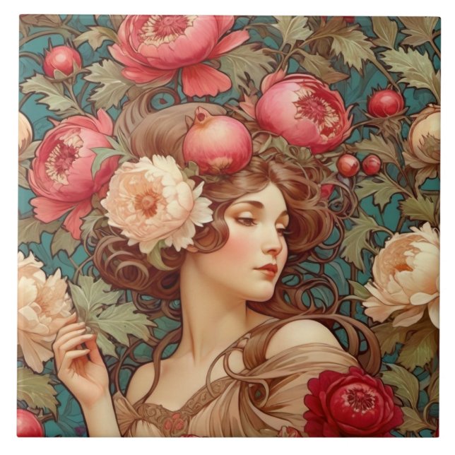 Azulejos cerámicos de la mujer de la fruta floral  (Frente)