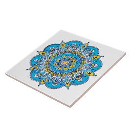 Azulejos cerámicos de Mandala azul y amarillo.