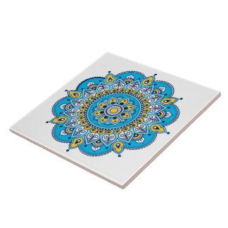 Azulejos cerámicos de Mandala azul y amarillo.