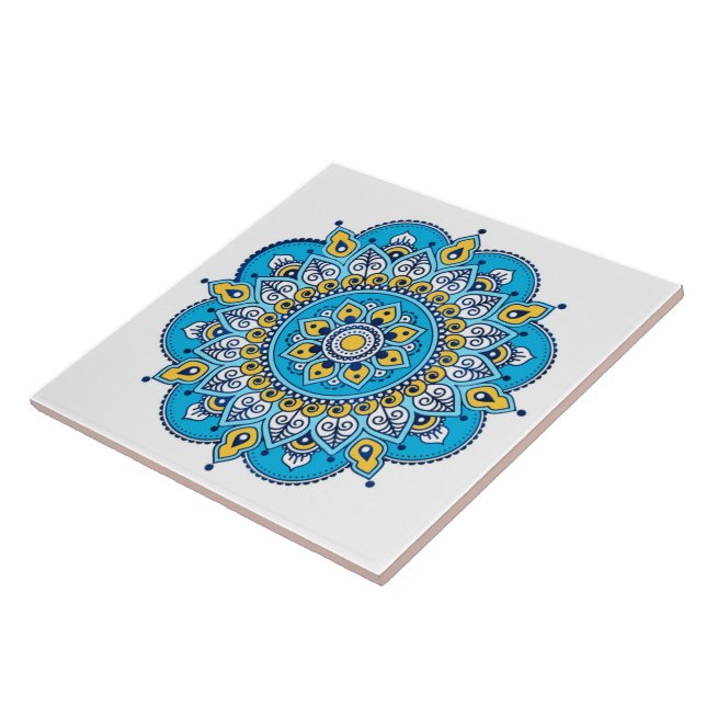 Azulejos cerámicos de Mandala azul y amarillo. (Lado)