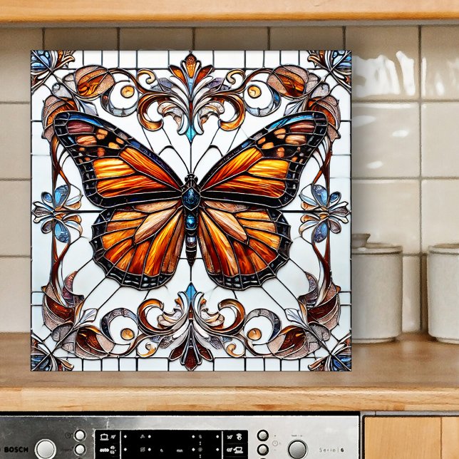 Azulejos cerámicos de mariposa de vidrio templado (Tile featuring a stained glass or leaded glass style design with a colorful butterfly)