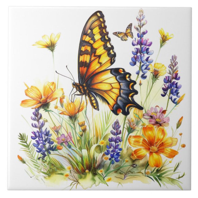 Azulejos cerámicos de mariposa y flores silvestres (Frente)