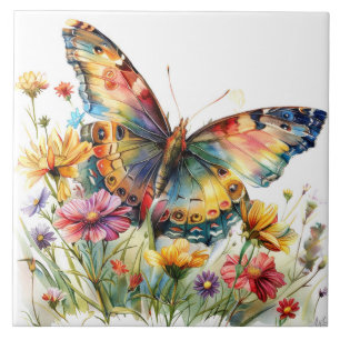 Azulejos cerámicos de mariposa y flores silvestres