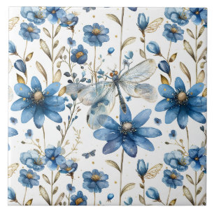Azulejos Cerámicos Florales Libélula Azul y Flores