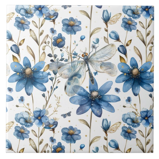 Azulejos Cerámicos Florales Libélula Azul y Flores (Frente)