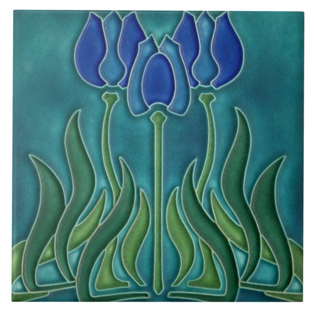 Azulejos cerámicos - Tulipanes azules vintage Art  (Frente)