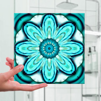 Azulejos de baño de flores fractales turquesas